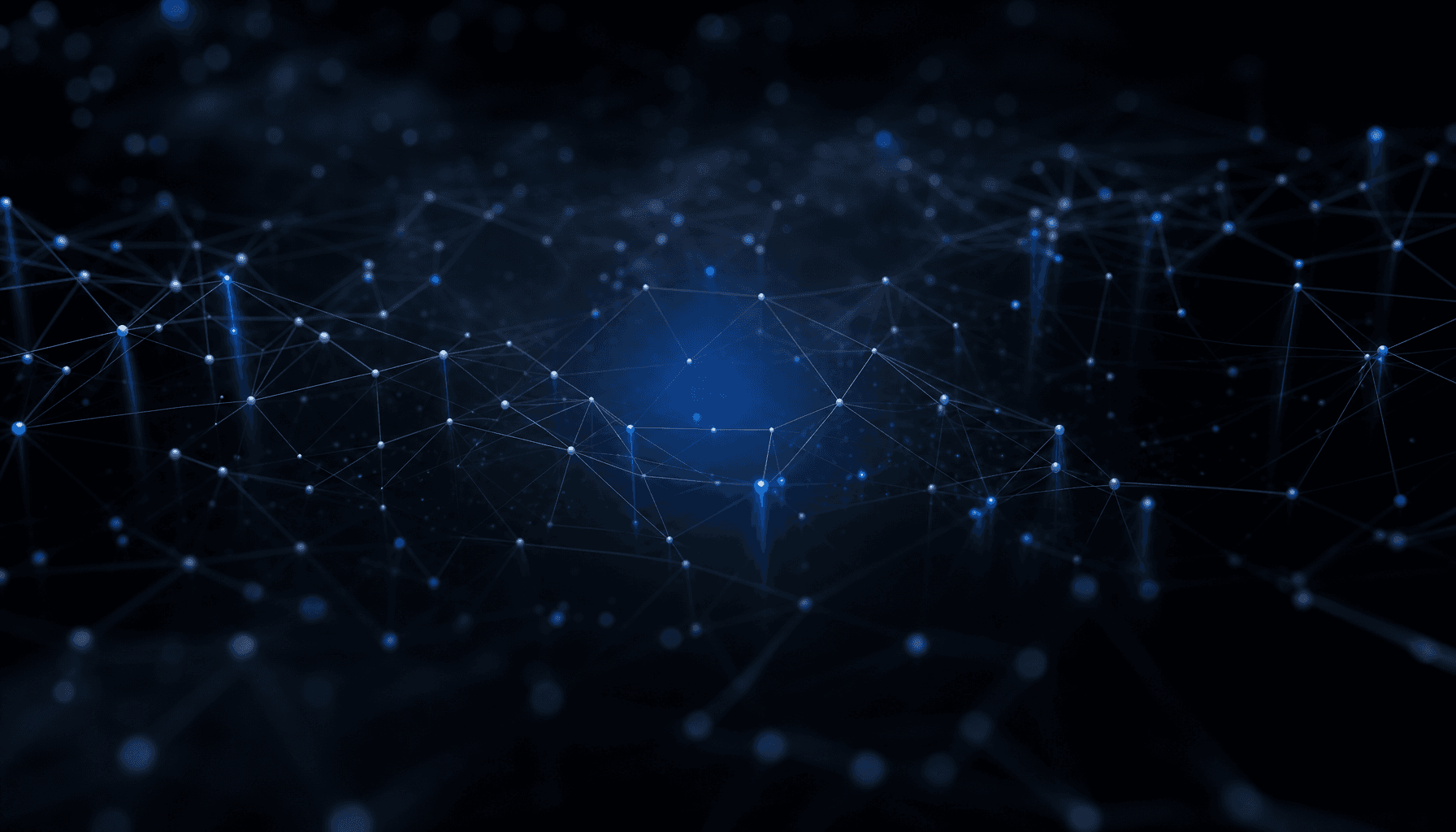Abstract visualisation of an enterprise AI system: a calm dark mesh of connected nodes representing data, models, retrieval tools and the engineering harness.