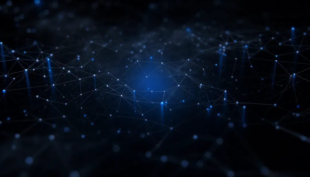 Abstract visualisation of an enterprise AI system: a calm dark mesh of connected nodes representing data, models, retrieval tools and the engineering harness.